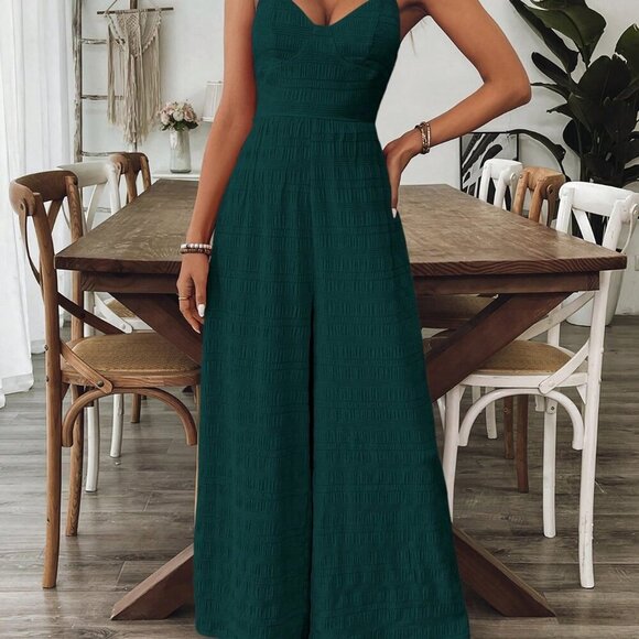 Dark Green Boho Women's V-Neck Backless Bowknot Romper - Picture 4 of 6